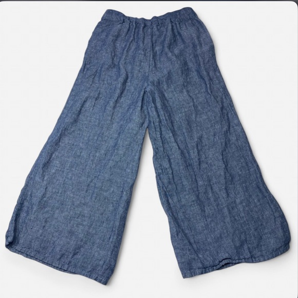 Catherine Malandrino Women’s High Waist Wide Leg Pants Blue 100% Linen Medium - Picture 2 of 8